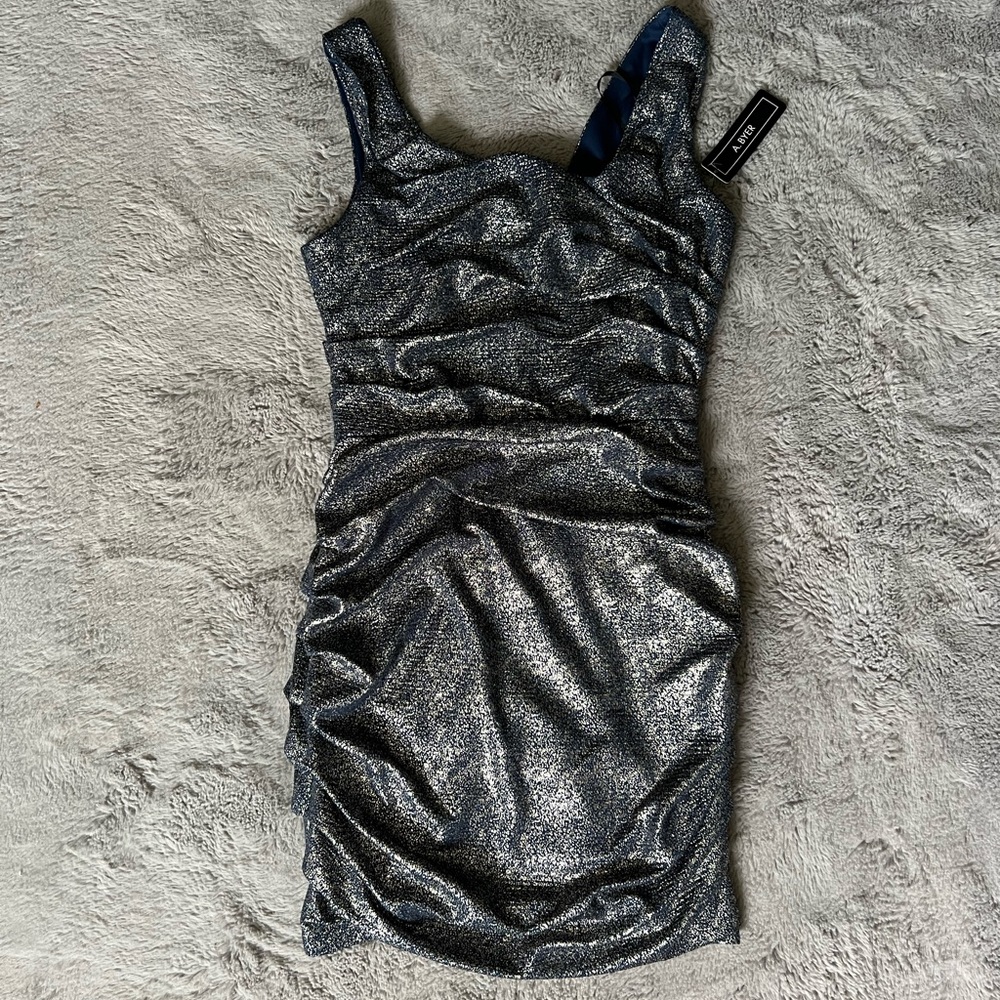 NWT A. Byer Navy/Silver Metallic Cocktail Dress size 11